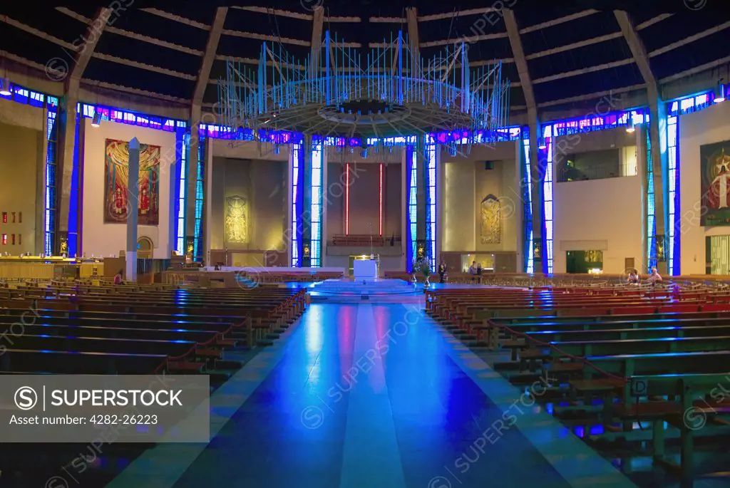 England, Merseyside, Liverpool. The Nave inside Liverpool's Roman Catholic Metropolitan Cathedral.