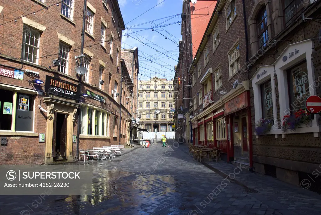 England, Merseyside, Liverpool. View down Mathew Street in Liverpool, home of the famous Cavern Club where Brian Epstein first saw The Beatles perform in 1961.