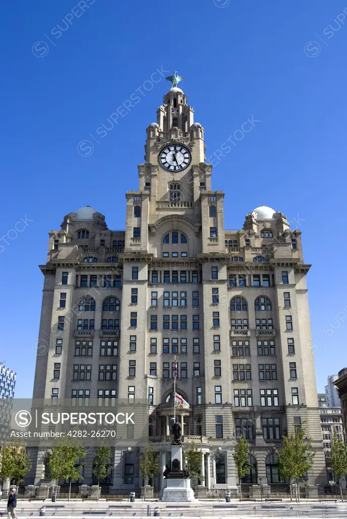 England, Merseyside, Liverpool. The Royal Liver Building on the Pier Head in Liverpool. It is one of Liverpool's Three Graces.