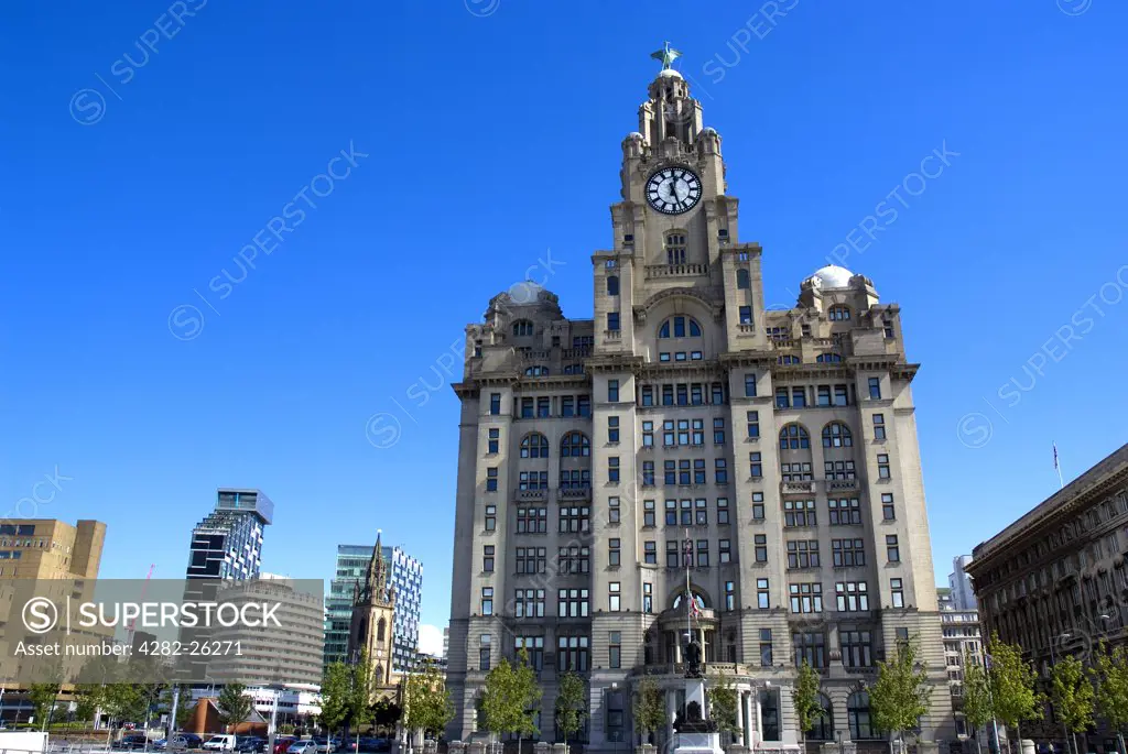 England, Merseyside, Liverpool. The Royal Liver Building on the Pier Head in Liverpool. It is one of Liverpool's Three Graces.