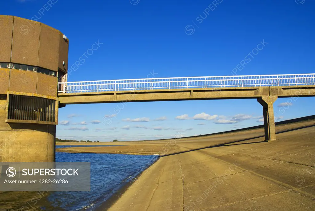 England, East Sussex, Arlington. Footbridge leading to the pump house at Arlington Reservoir near Berwick.
