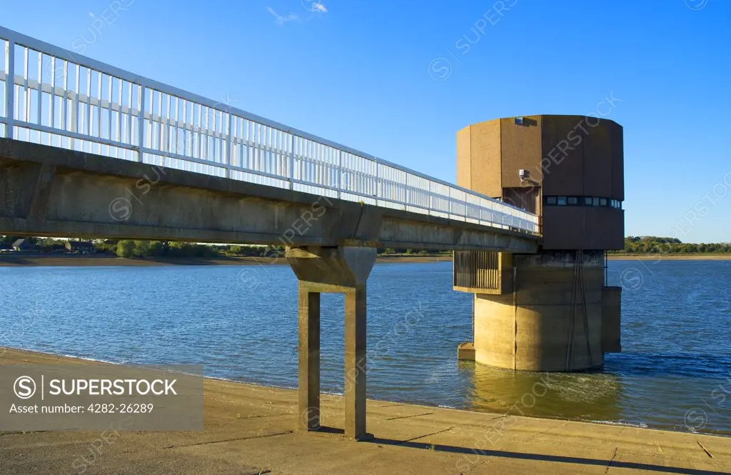 England, East Sussex, Arlington. Footbridge leading to the pump house at Arlington Reservoir near Berwick.