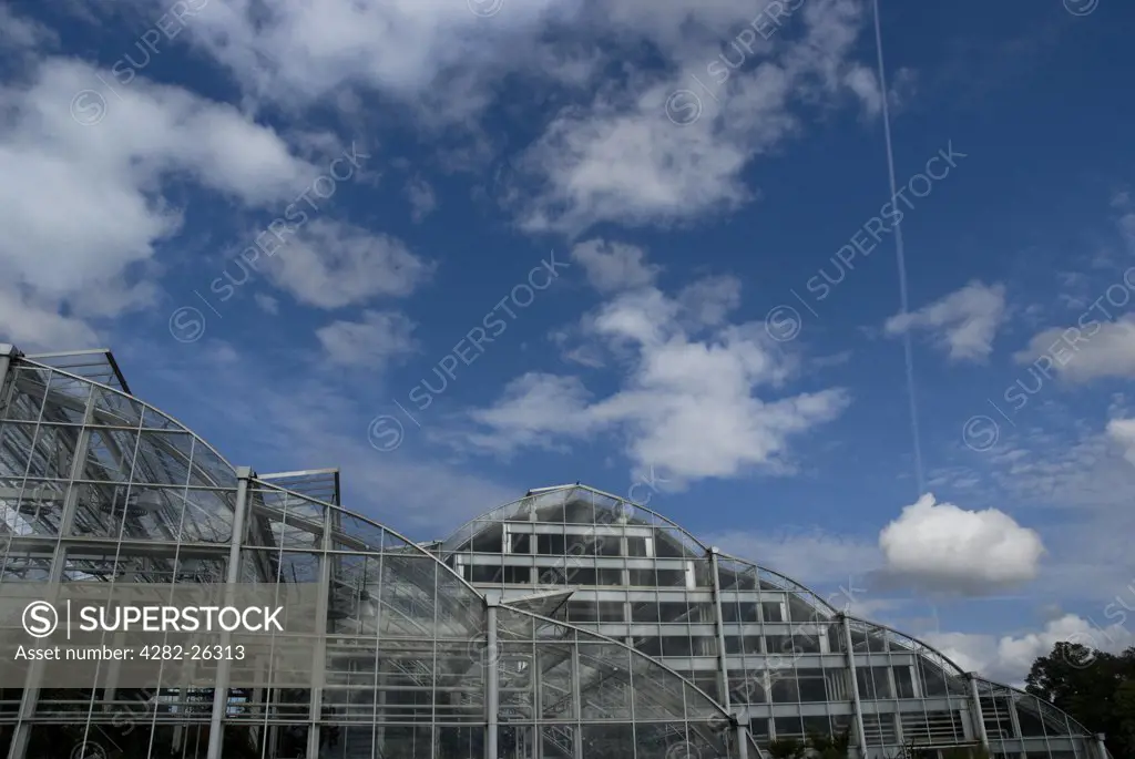 England, Surrey, RHS Garden Wisley. The new world-class glasshouse at RHS Wisley. The Glasshouse has three climatic zones, recreating tropical, moist temperate and dry temperate habitats.