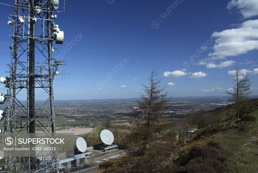 England, Shropshire, Wrekin Hill. Masts from the Wrekin transmitting station on Wrekin Hill near Telford.