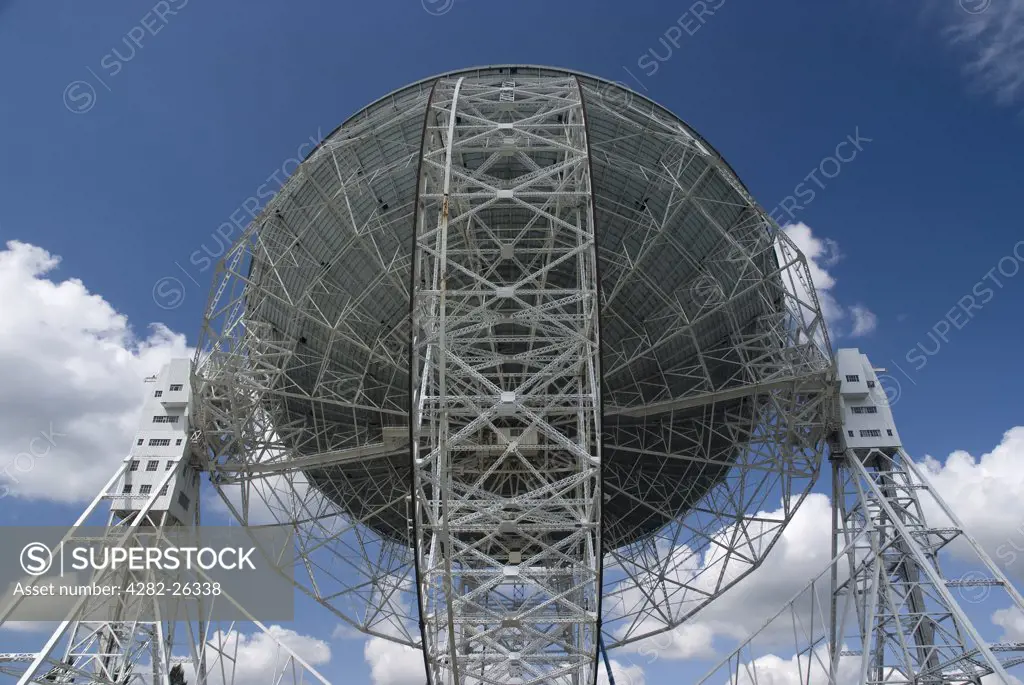 England, Cheshire, Jodrell Bank. Underside of the Lovell Telescope, the third largest steerable dish radio telescope in the world, at Jodrell Bank Observatory.