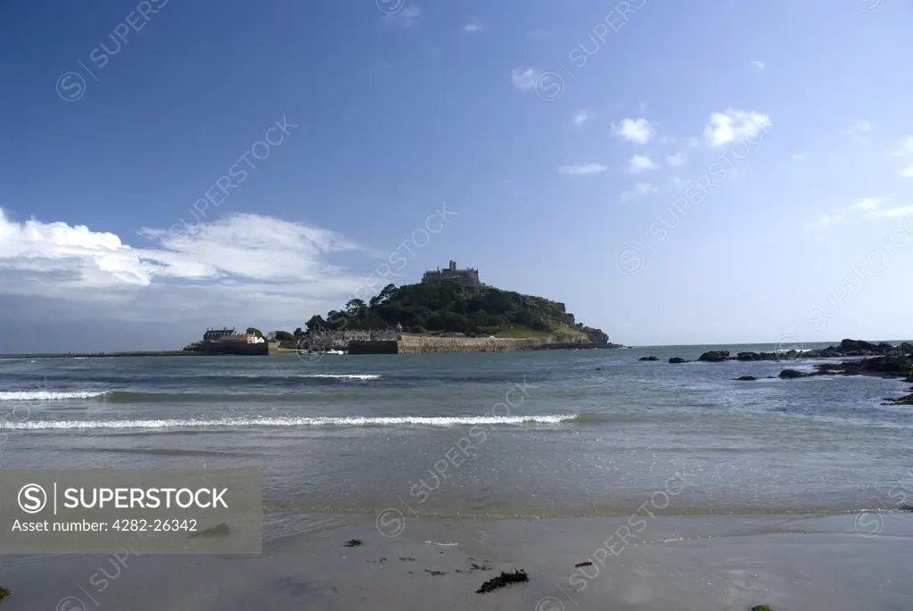 England, Cornwall, St. Michael's Mount, Marazion. A view from the mainland towards St. Michael's Mount, accessible by foot via a causeway at low tide.