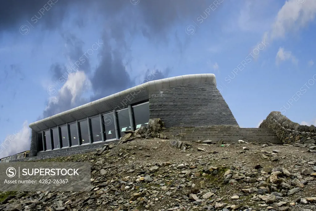 Wales, Gwynedd, Snowdon. The new cafe and visitors centre at the summit of Mount Snowdon, the highest mountain in England and Wales.