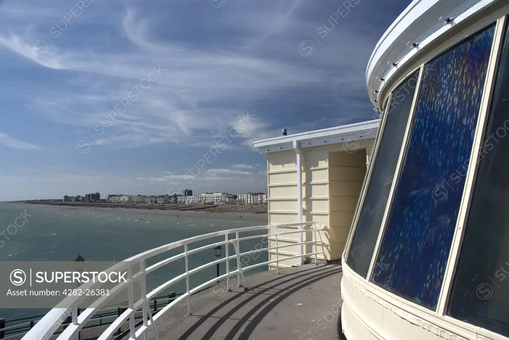 England, West Sussex, Worthing. View from the southern end of Worthing Pier towards the town of Worthing.