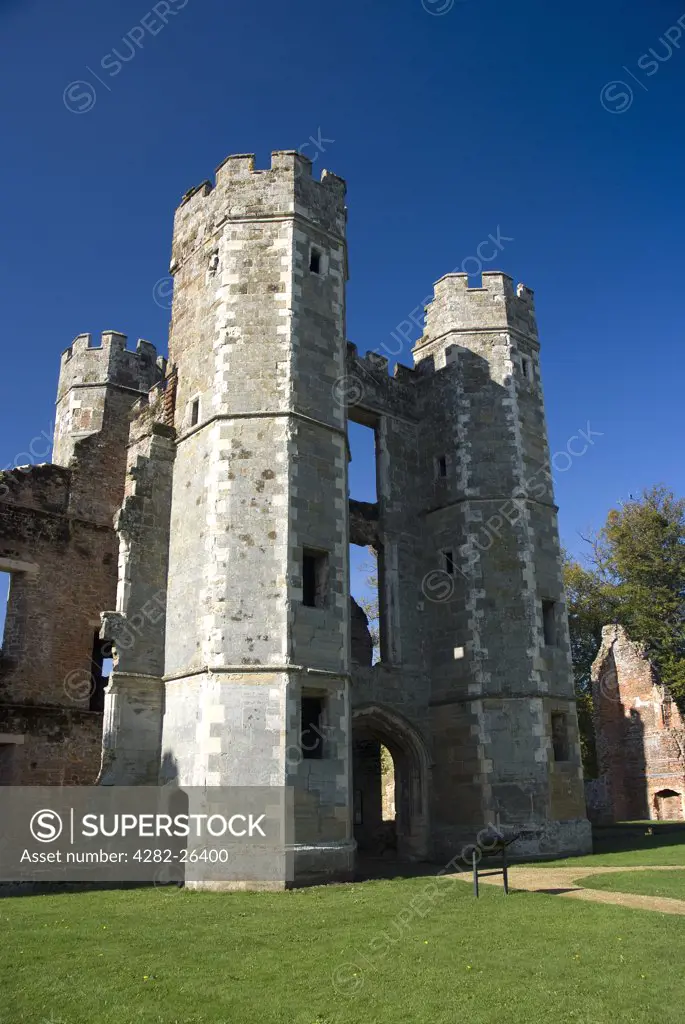 England, West Sussex, Midhurst. The rear gatehouse of Cowdray Ruins, one of Southern England's most important early Tudor courtier's palaces set in the grounds of Cowdray Park.