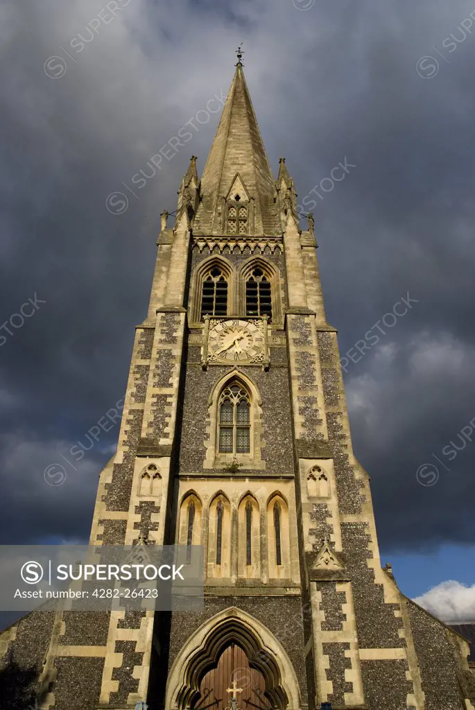 England, Surrey, Dorking. The high spire of the Victorian gothic style church of St Martin in Dorking.