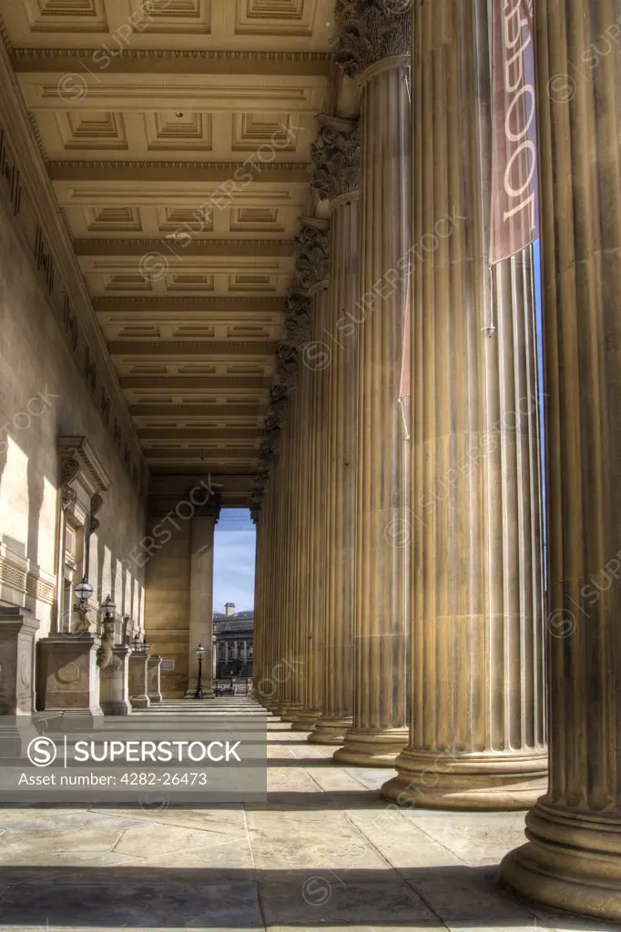 England, Merseyside, Liverpool. Columns at the front of St Georges Hall.