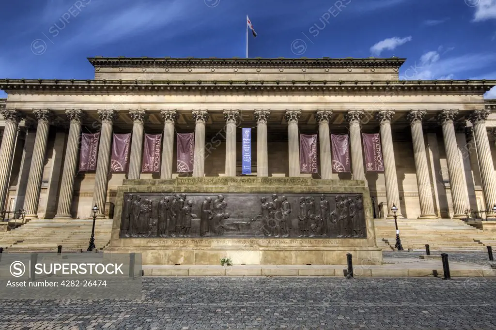 England, Merseyside, Liverpool. Exterior view of the front of St Georges Hall.