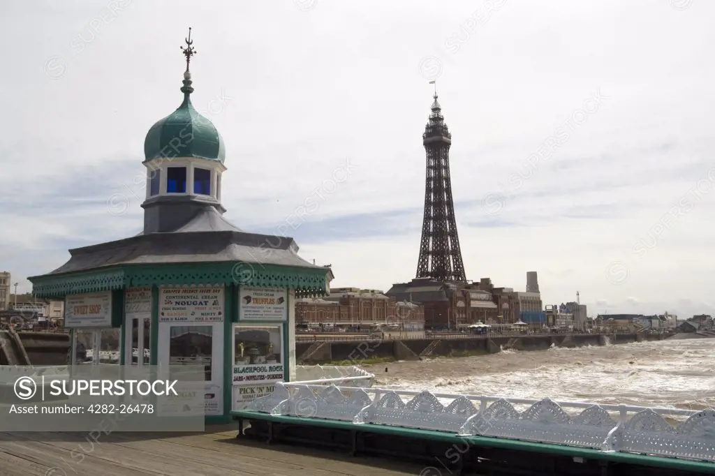 England, Lancashire, Blackpool. View of Blackpool Tower from the North Pier.