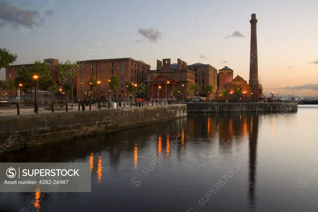 England, Merseyside, Liverpool. View of Albert Docks in the early evening.