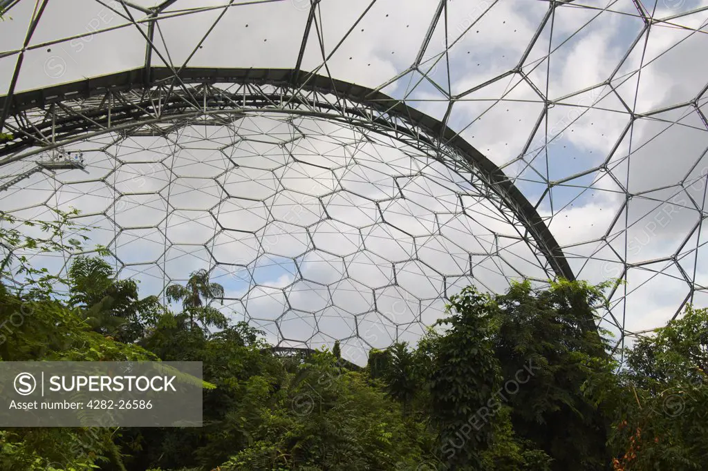 England, Cornwall, Bodelva. Looking to the sky through the hexagonal cladding panels covering a biome at the Eden Project.