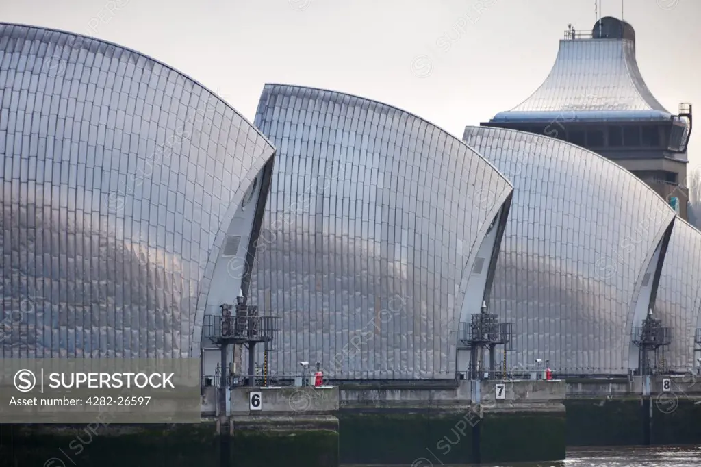 England, London, Woolwich. The Thames Barrier at Woolwich. The barrier was completed in 1984 and stretches a third of a mile across the River Thames.