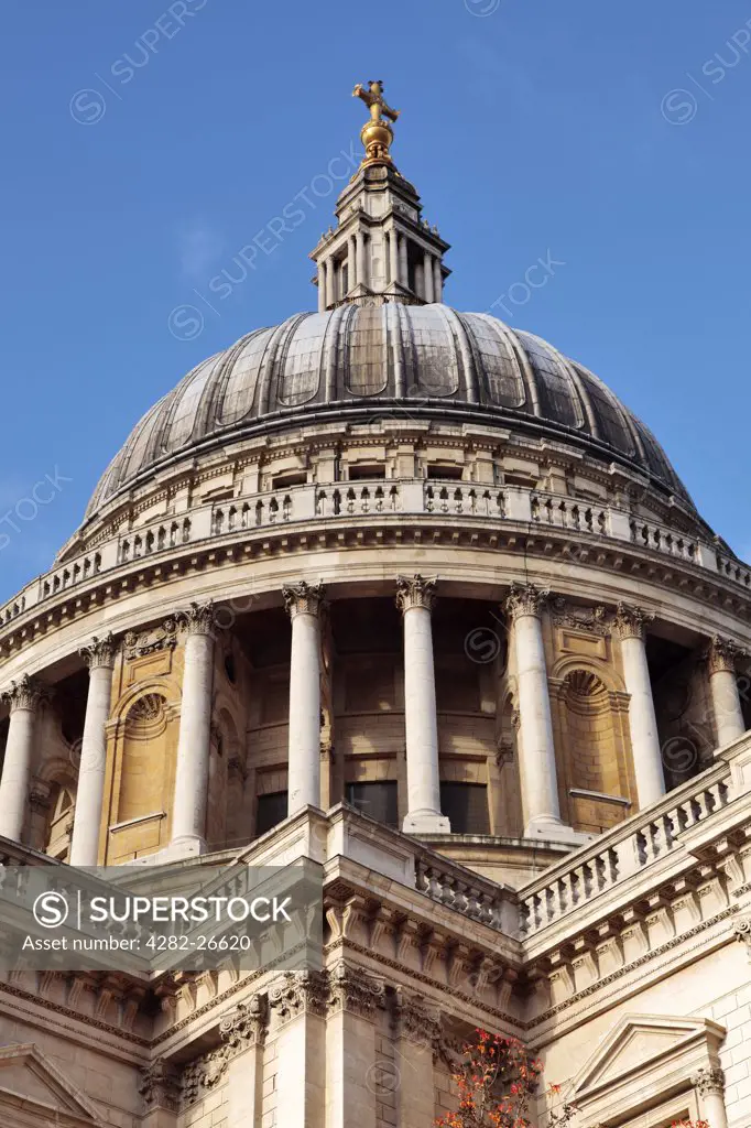 England, London, St Pauls. The dome of St Paul's Cathedral in the City of London, designed by Sir Christopher Wren in the seventeenth century.