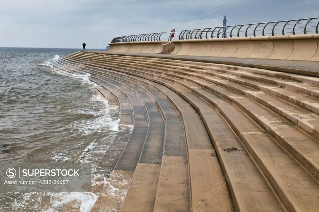 England, Lancashire, Blackpool. New sea defences on on the seafront at Blackpool.