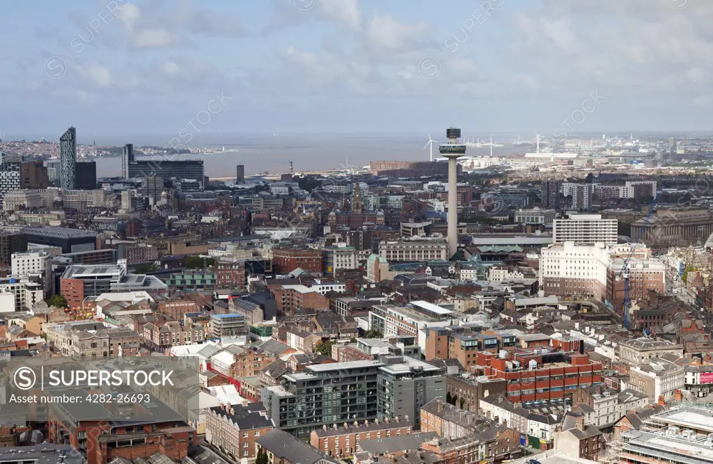 England, Merseyside, Liverpool. Aerial view over the city towards the Mersey Estuary, featuring the Radio City Tower (St. John's Beacon).