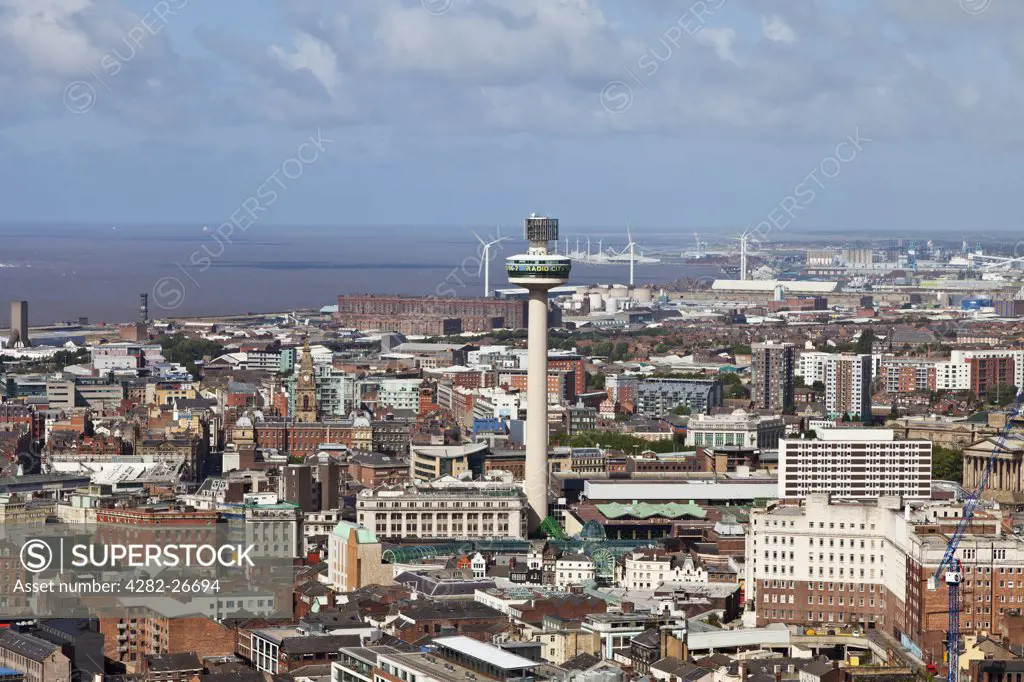 England, Merseyside, Liverpool. Aerial view over the city towards the Mersey Estuary, featuring the Radio City Tower (St. John's Beacon).