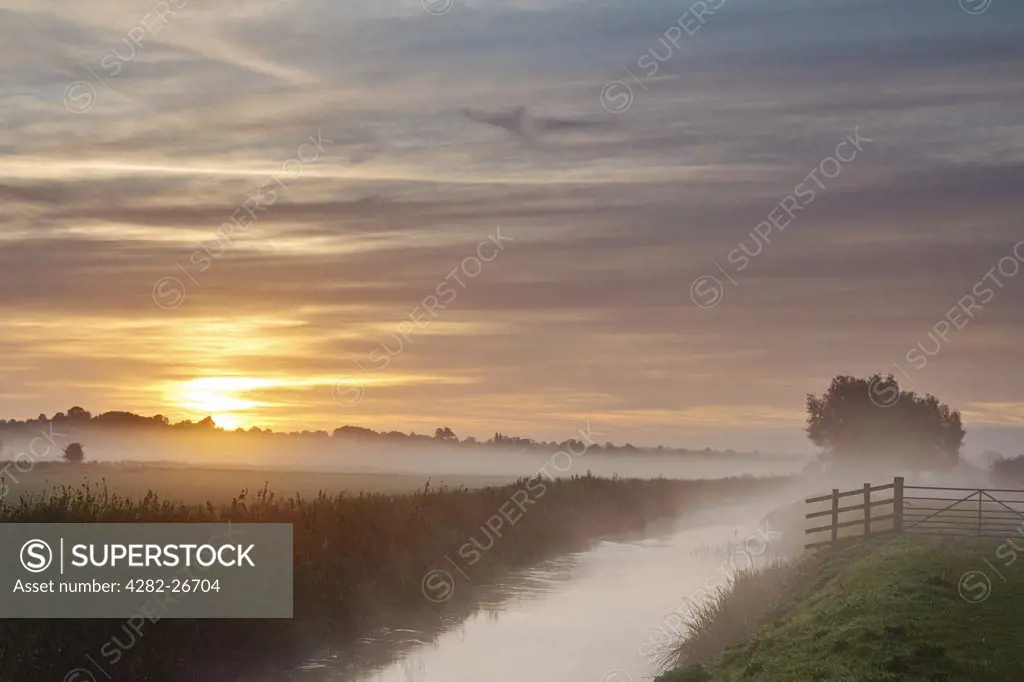 England, Somerset, Glastonbury. A misty sunrise over the River Brue.