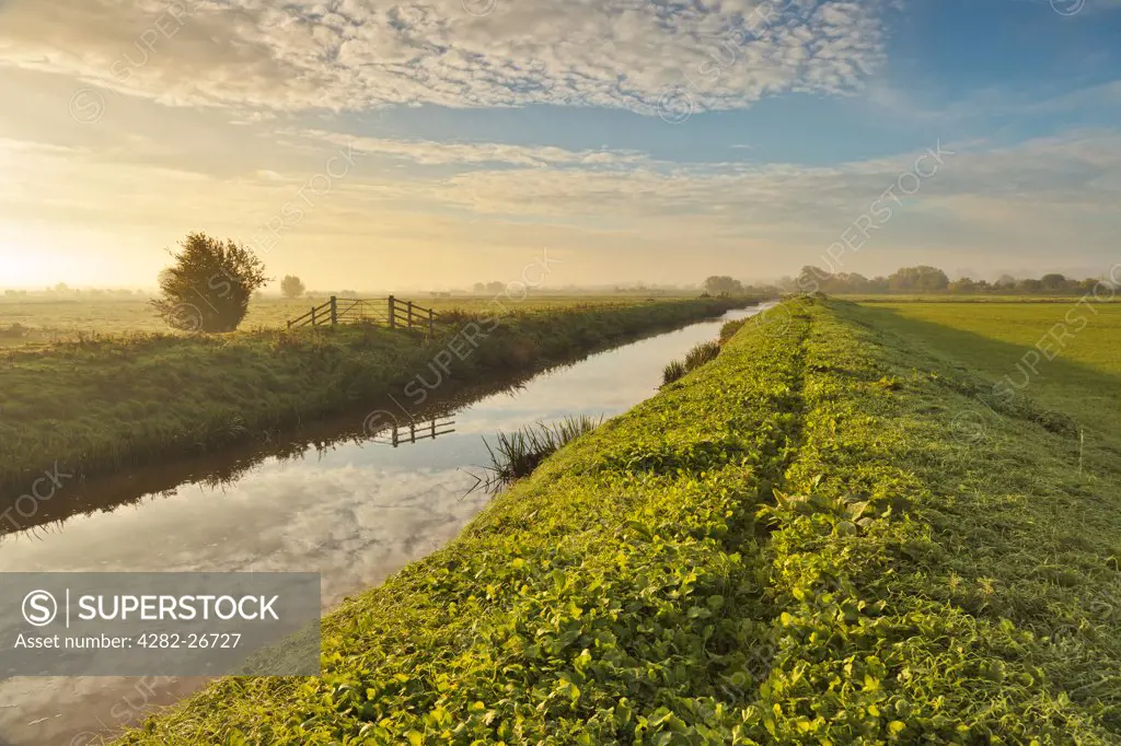 England, Somerset, Glastonbury. The River Brue flowing through the Somerset Levels at sunrise.