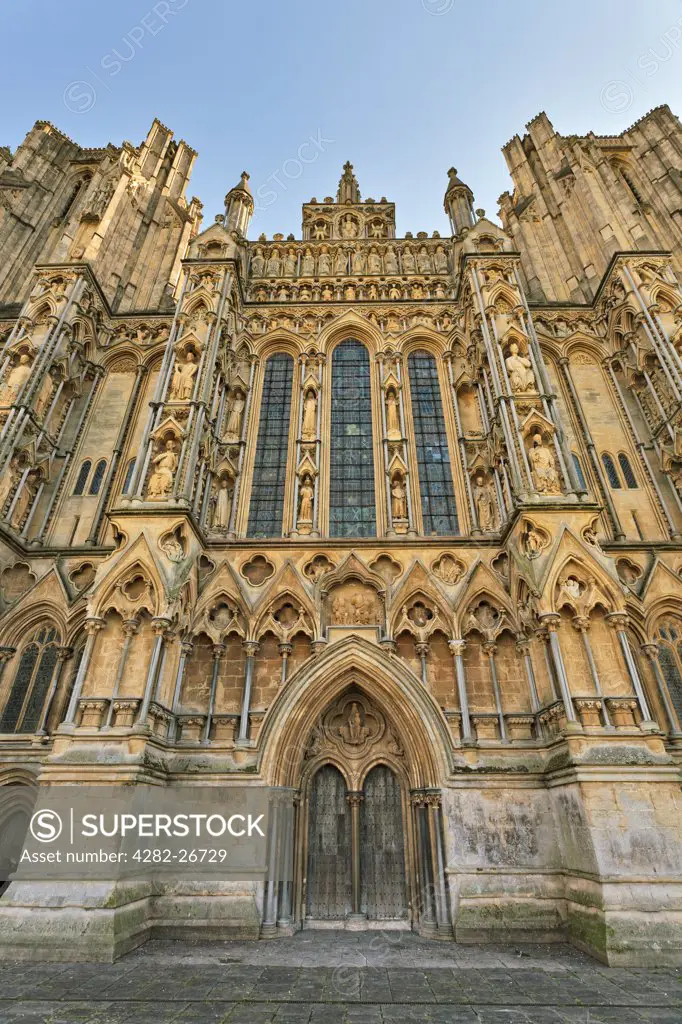 England, Somerset, Wells. The West Front of Wells Cathedral, begun in 1220, has the biggest collection of medieval statues in Europe.