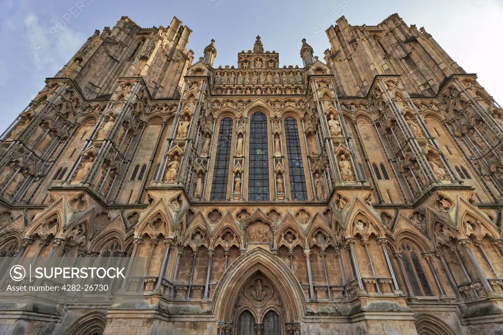England, Somerset, Wells. The West Front of Wells Cathedral, begun in 1220, has the biggest collection of medieval statues in Europe.