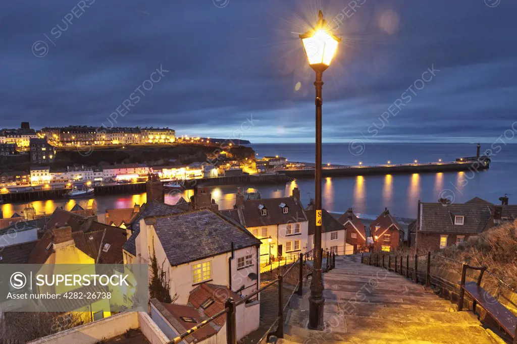 England, North Yorkshire, Whitby. View down Whitby's famous 199 steps towards the old town and harbour.