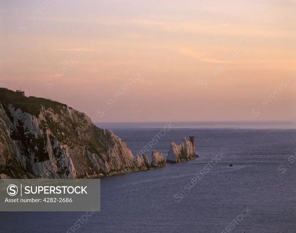 England, Isle of Wight, The Needles. Sunset over The Needles.