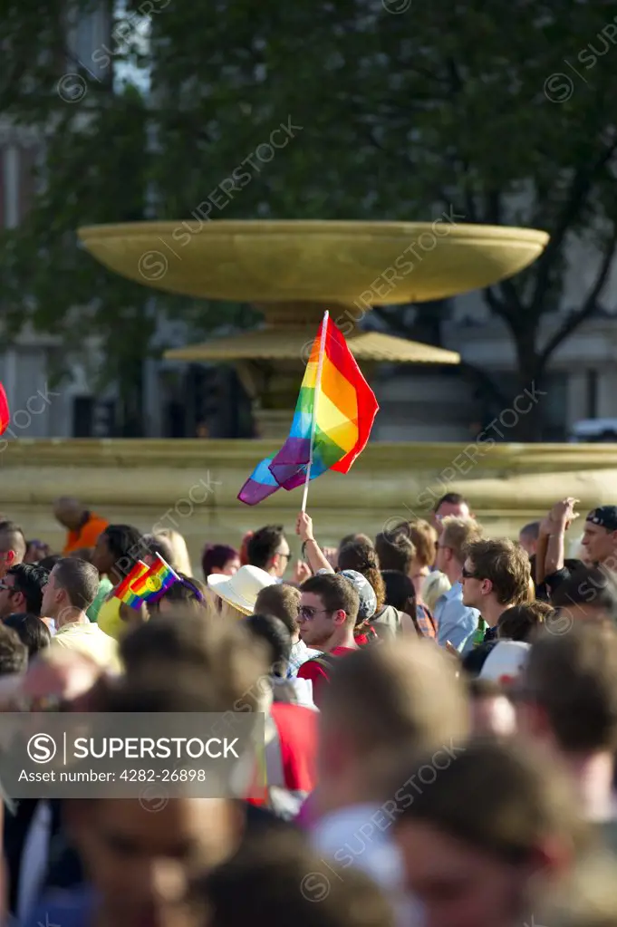 England, London, Trafalgar Square. Crowds enjoying the entertainment in Trafalgar Square at Gay Pride 2010.