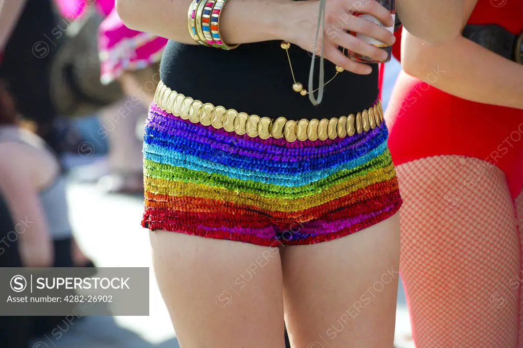 England, London, Trafalgar Square. A woman wearing rainbow hot pants Gay Pride 2010.