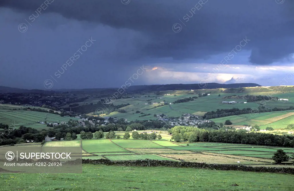 England, West Yorkshire, Holmfirth. A view to Holme Valley towards Cartworth Moor and Holmfirth. The town is known to many people for being the setting of the BBC's Last of the Summer Wine.