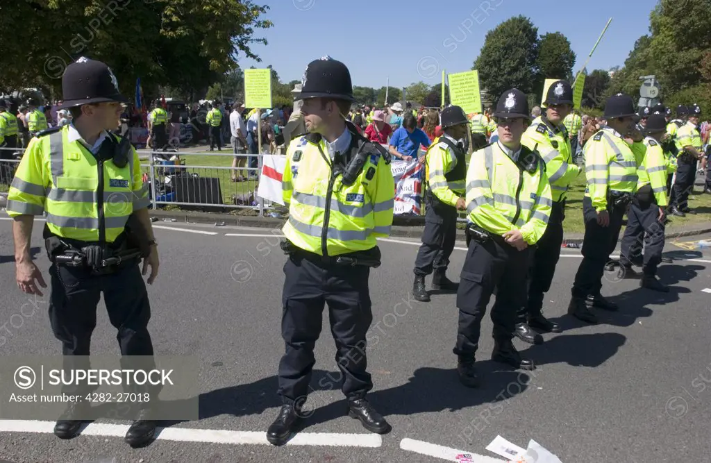 England, Sussex, Brighton. Police maintain order as anti-gay protestors gather at Brighton Pride.