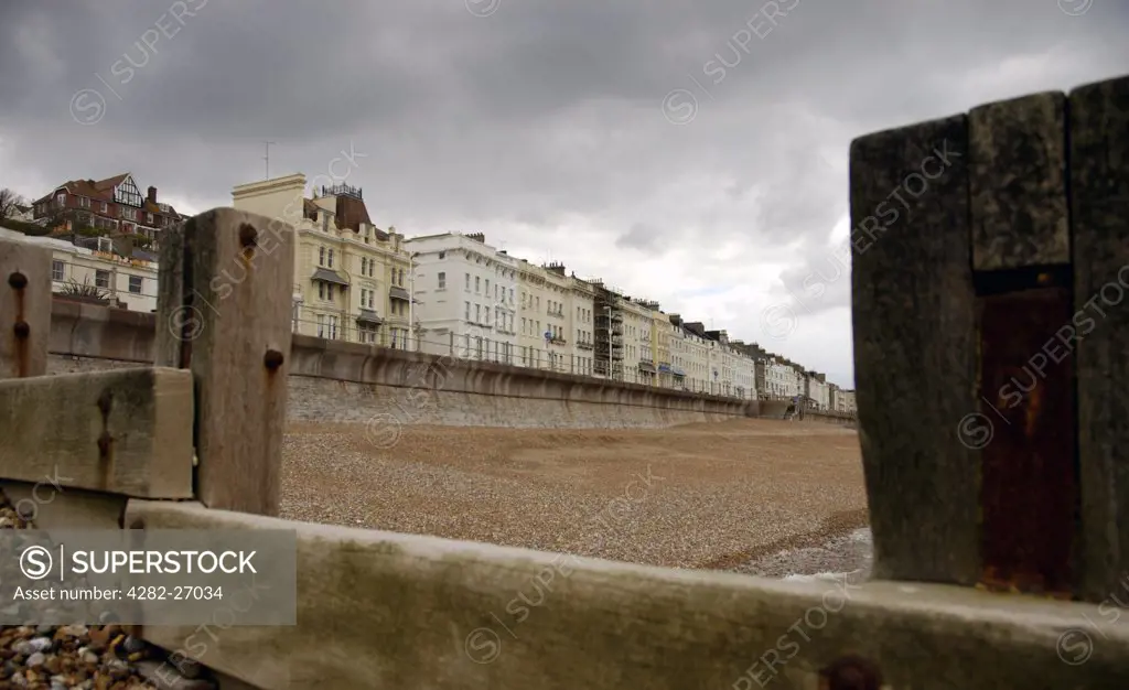 England, East Sussex, Hastings. View toward the promenade at Hastings on a cloudy day.