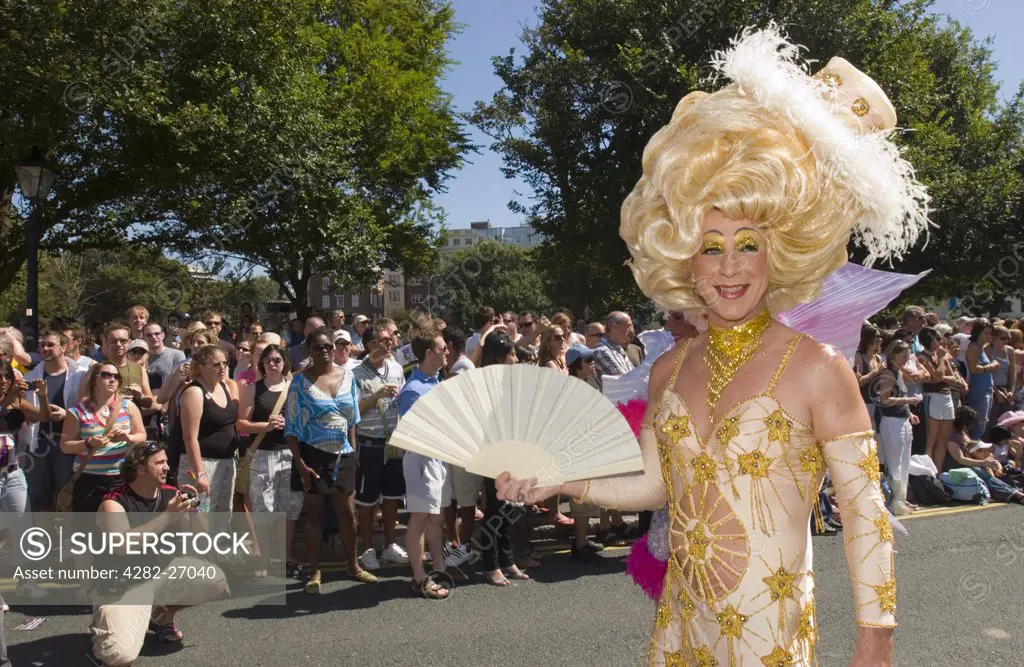 England, East Sussex, Brighton. A person taking part in the annual Gay Pride Parade in Brighton.