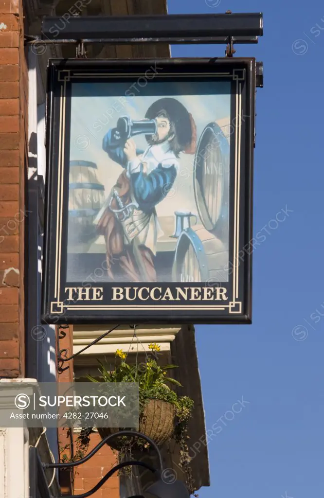 England, East Sussex, Eastbourne. A traditional British pub sign outside The Buccaneer public house in Eastbourne.