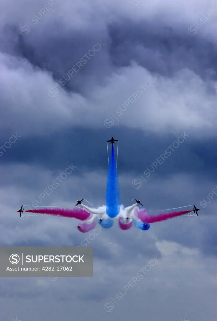 England, East Sussex, Eastbourne. The RAF Red Arrows Display Team at the annual air show in Eastbourne.