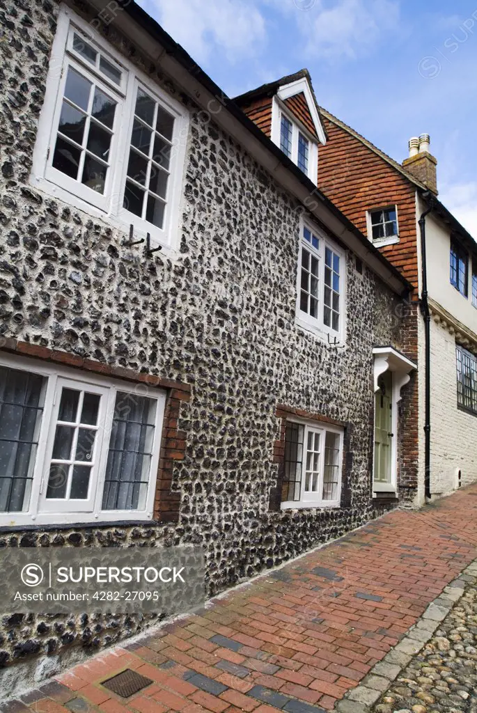 England, East Sussex, Lewes. Cottages on a cobbled street in Lewes.