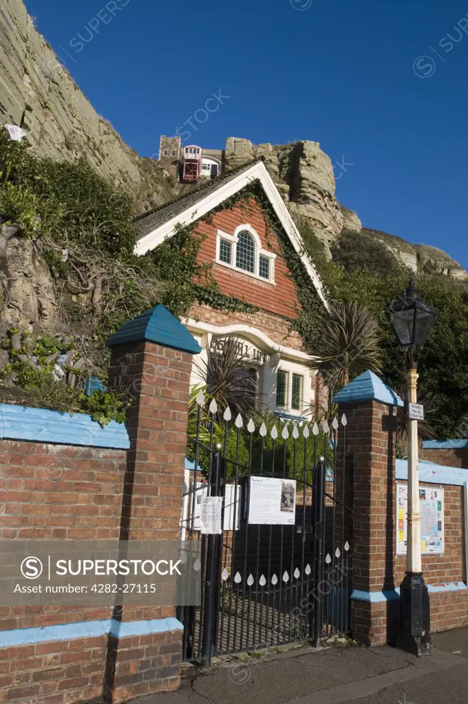 England, East Sussex, Hastings. The East Hill lift also known as the Cliff Railway in Hastings.