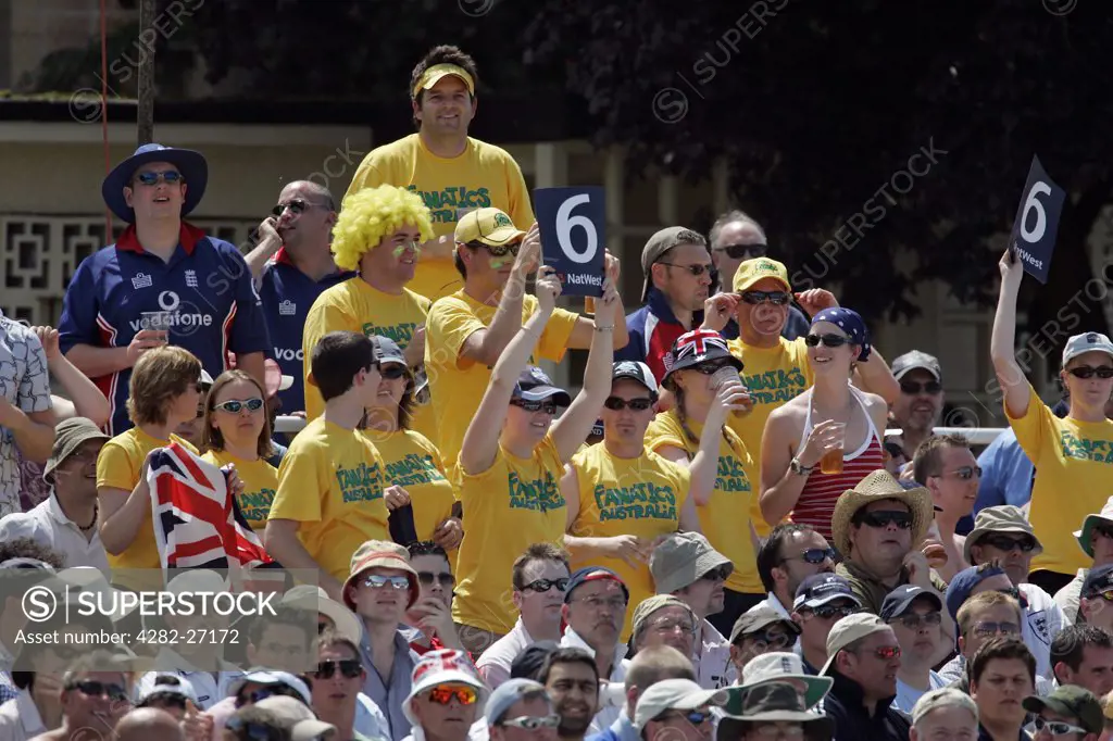 England, Bristol, County Cricket Ground. Australian fans watching a cricket match at the County Cricket Ground. Also known as Nevil Road, it is home to the Gloucestershire County Cricket Club.