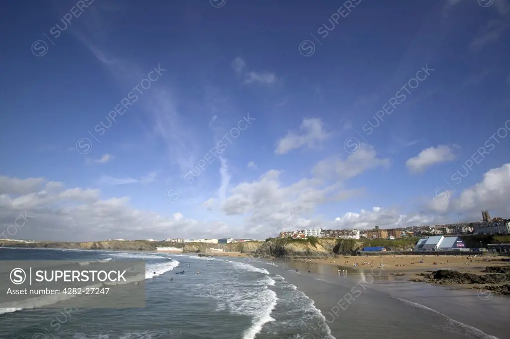 England, Cornwall, Newquay. A general view of Newquay Bay in Newquay.
