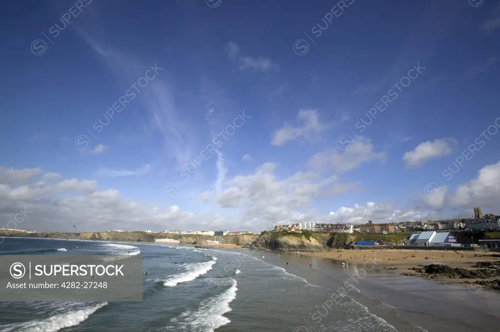 England, Cornwall, Newquay. A general view of Newquay Bay in Newquay.