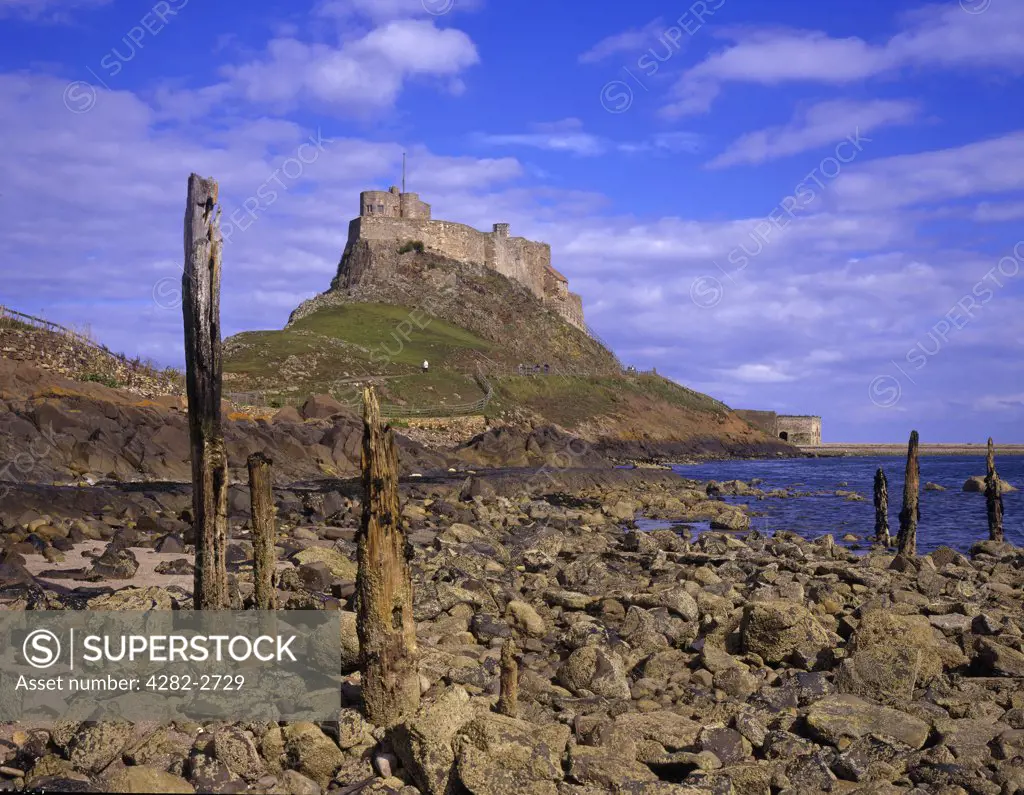 England, Northumberland, Lindisfarne. A view to Lindisfarne Castle.