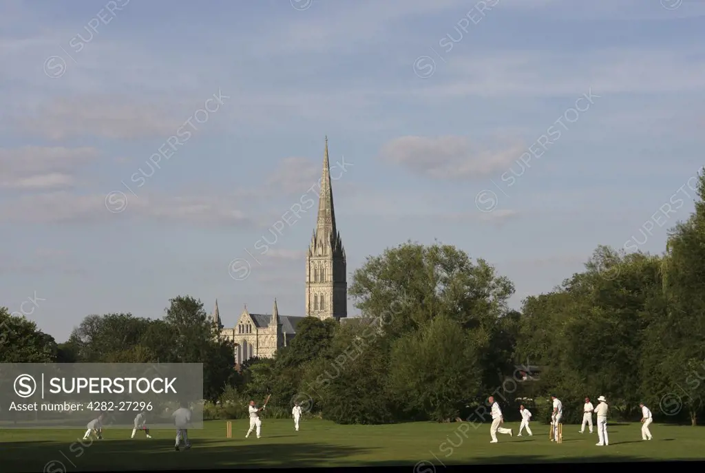 England, Wiltshire, Salisbury. A cricket match being played on a pitch close to Salisbury Cathedral.