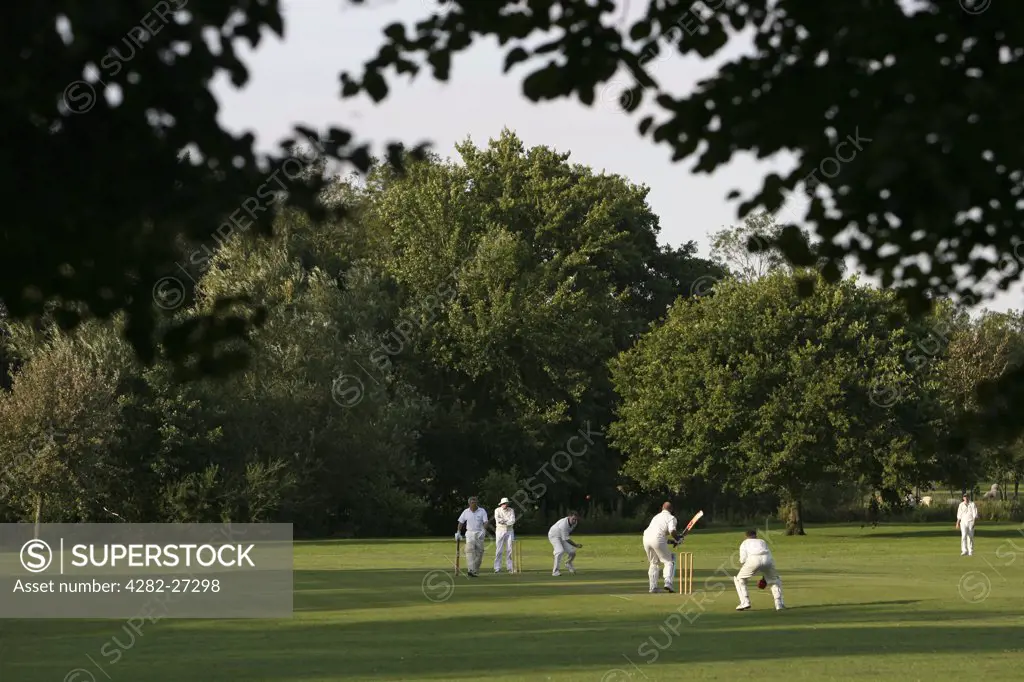 England, Wiltshire, Salisbury. A cricket match being played in a park near Salisbury Cathedral.