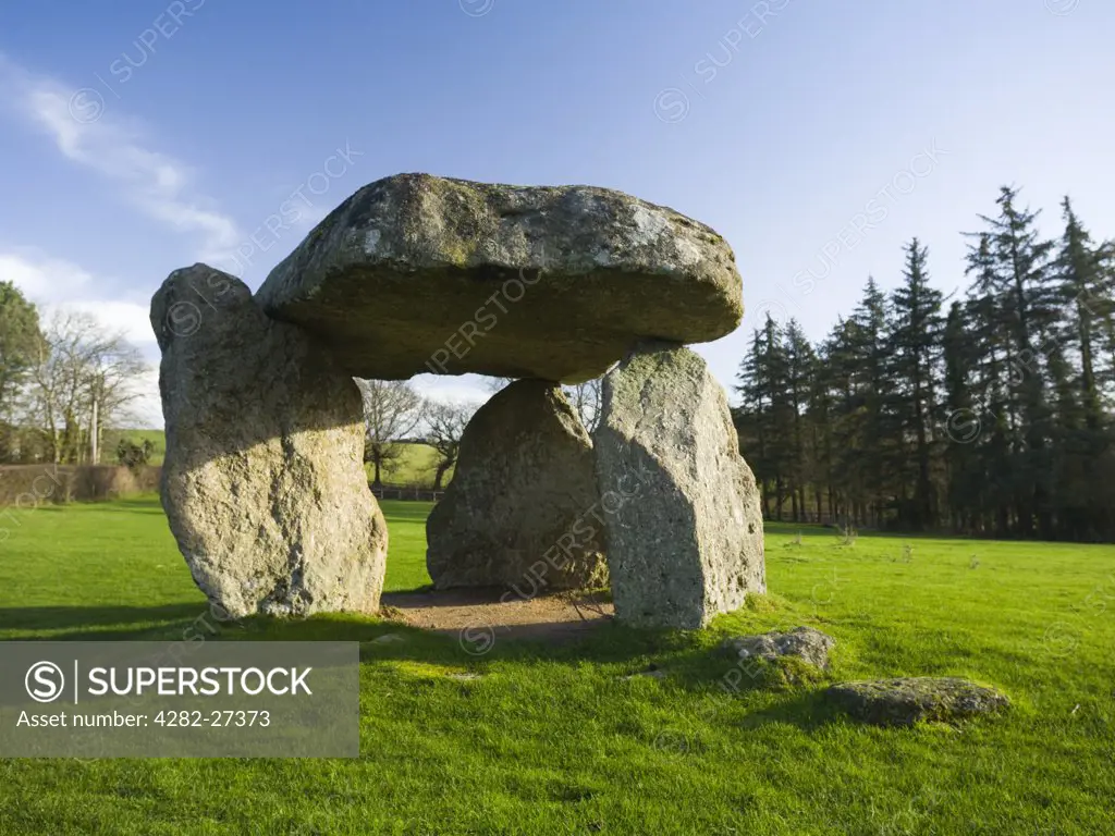 England, Devon, Dartmoor. Spinsters Rock, the remains of a neolithic burial chamber at Shilstone in Dartmoor National Park.