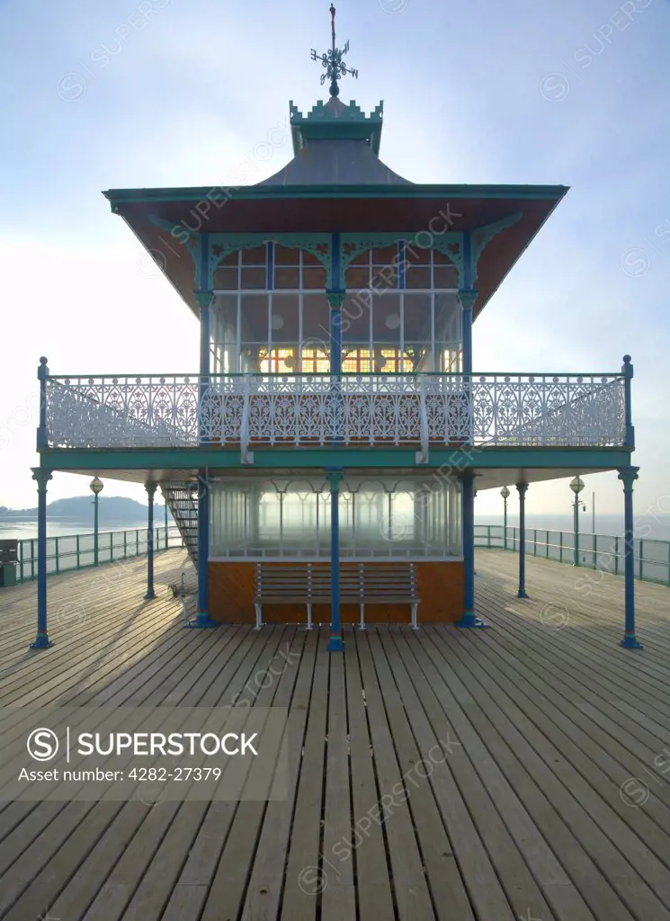 England, Somerset, Clevedon. The pagoda-style pavilion on the pier-head of Clevedon Pier, the only fully intact, Grade 1 listed pier in the country.
