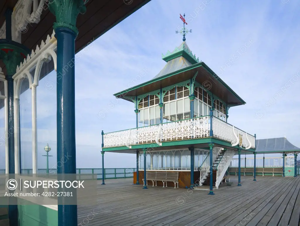 England, Somerset, Clevedon. The pagoda-style pavilion on the pier-head of Clevedon Pier, the only fully intact, Grade 1 listed pier in the country.