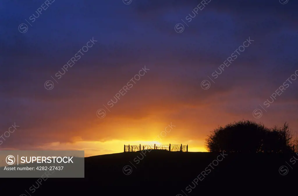 England, Hampshire, Stockbridge. Silhouette of a fenced off Burial Mound on Stockbridge Down at sunset.